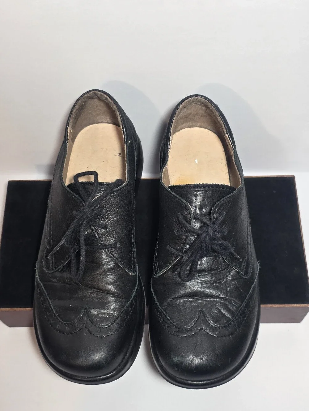 Vintage Black Leather Platform Oxford Shoes Wingtip Brogue Lace Up Women Size 37